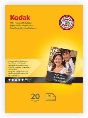 270g Kodak Ultra Premium Photo Paper, Gloss Finish, 10.7 mil thickness, 20 sheets, 5” x 7” (1801711)