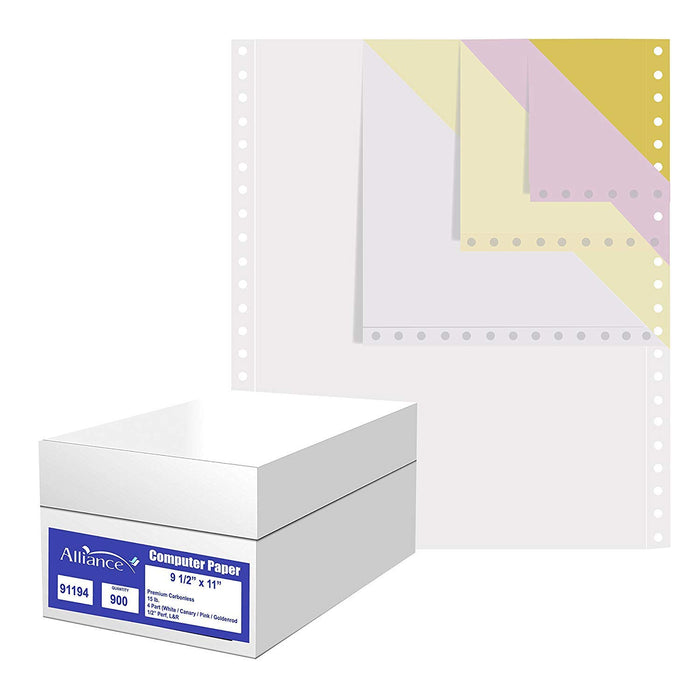 9-1/2" x 11" 4-Part Carbonless (Alliance 91194) Continuous Computer Paper - White/Canary/Pink/Gold