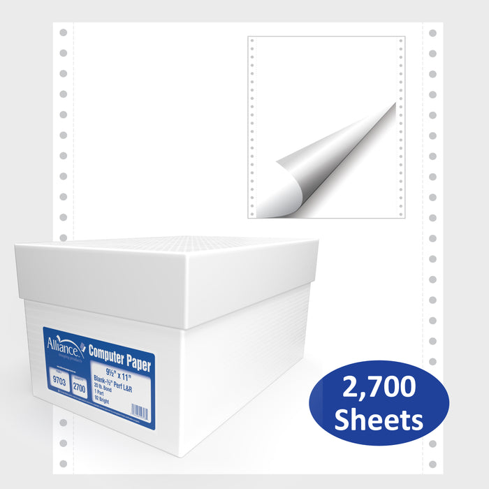 9-1/2" x 11" Blank Continuous Computer Paper - Standard-Perf - 20 lb. (Alliance 9703)